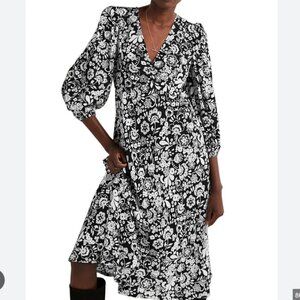 Boden Empire Floral Midi Tea Dress black white v-neck mid-sleeve dress Sz 12P